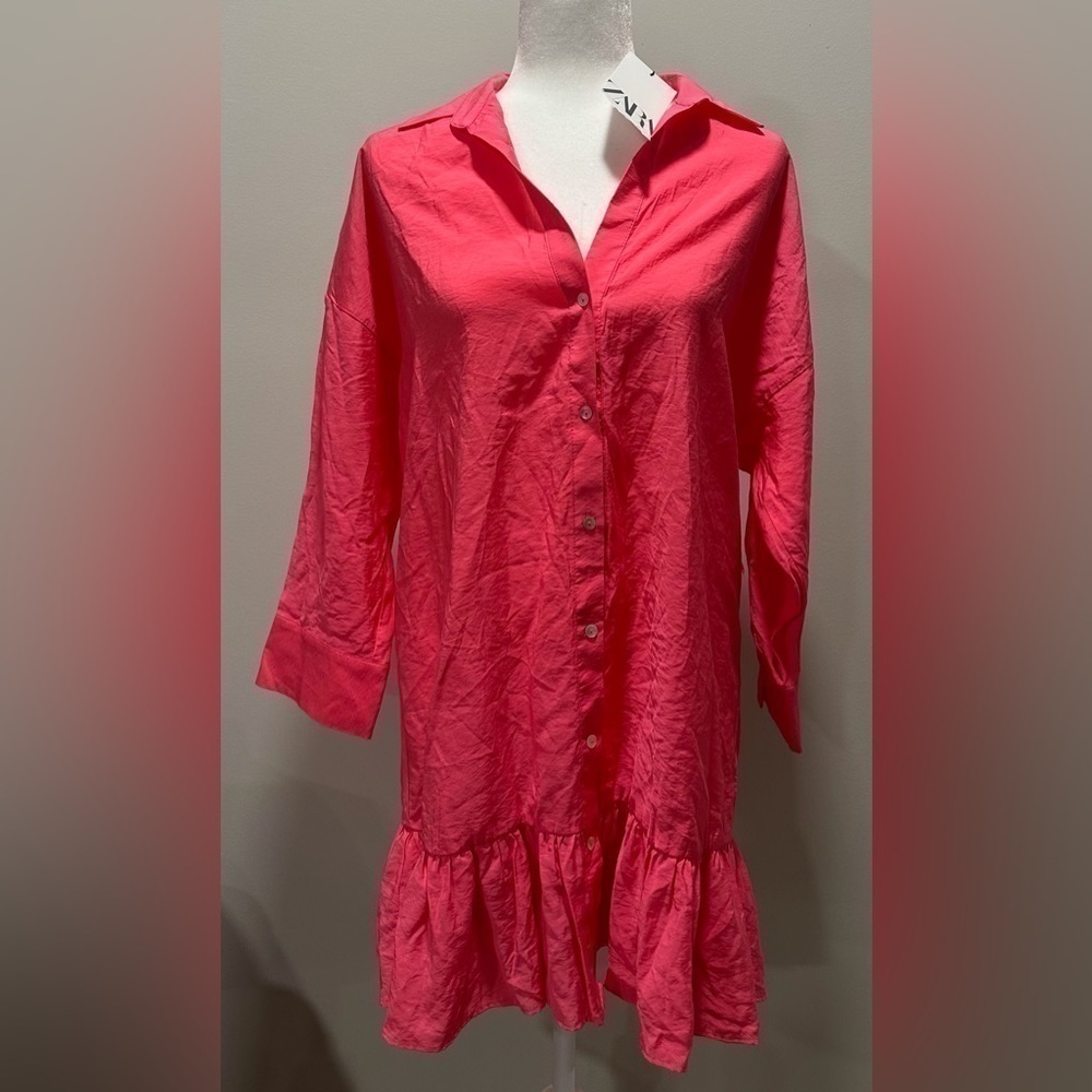 Zara Woman’s SS22 Fuchsia Ruffled Satin Effect Dress-Lg Nwt